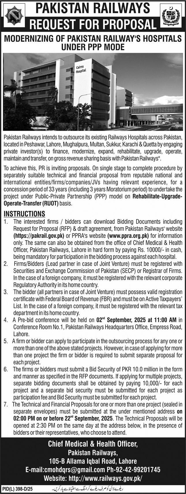 Pakistan Railways Lahore Tender Notice